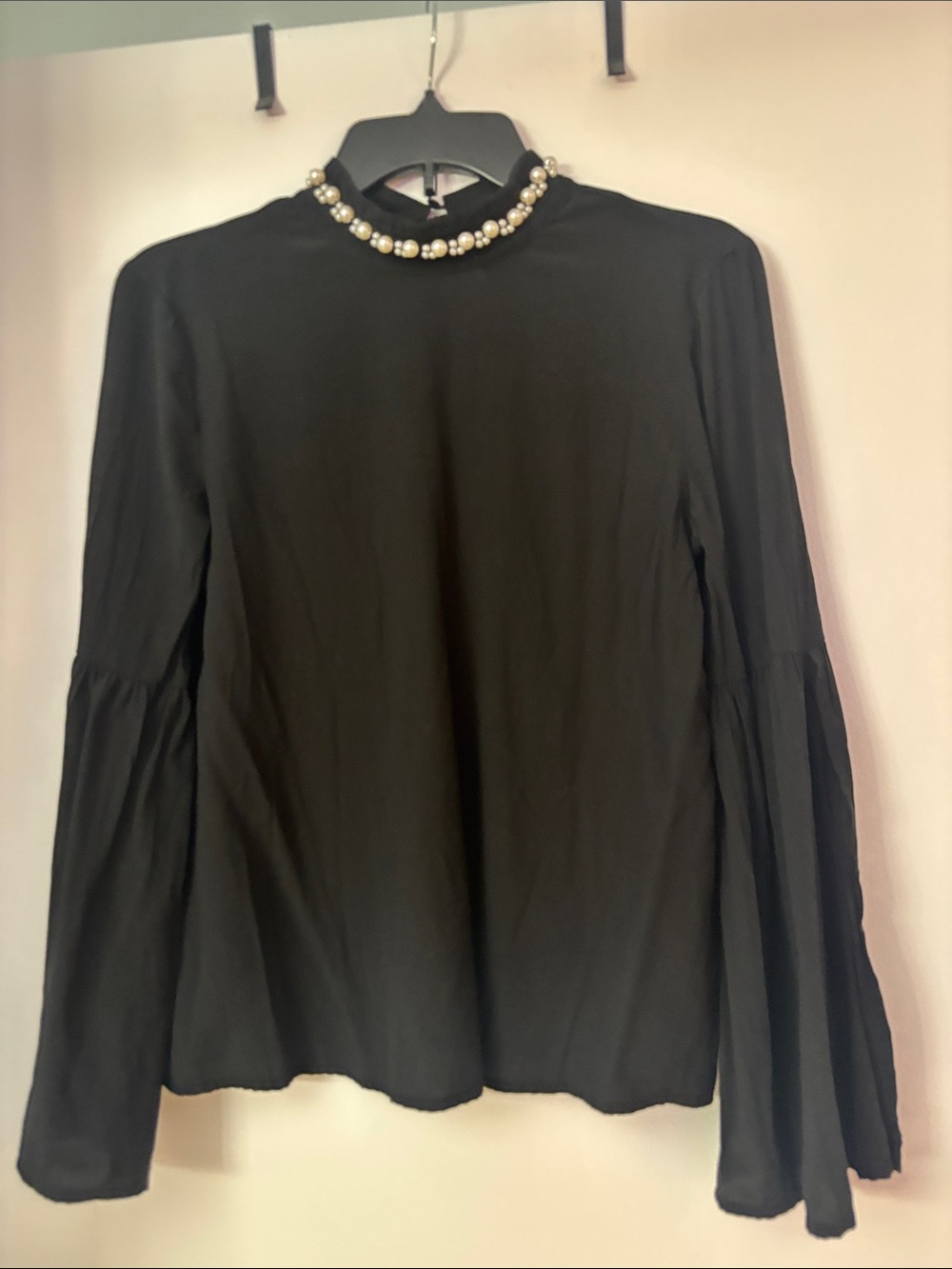 Zara Black Mock Neck Pearl-Trim Blouse